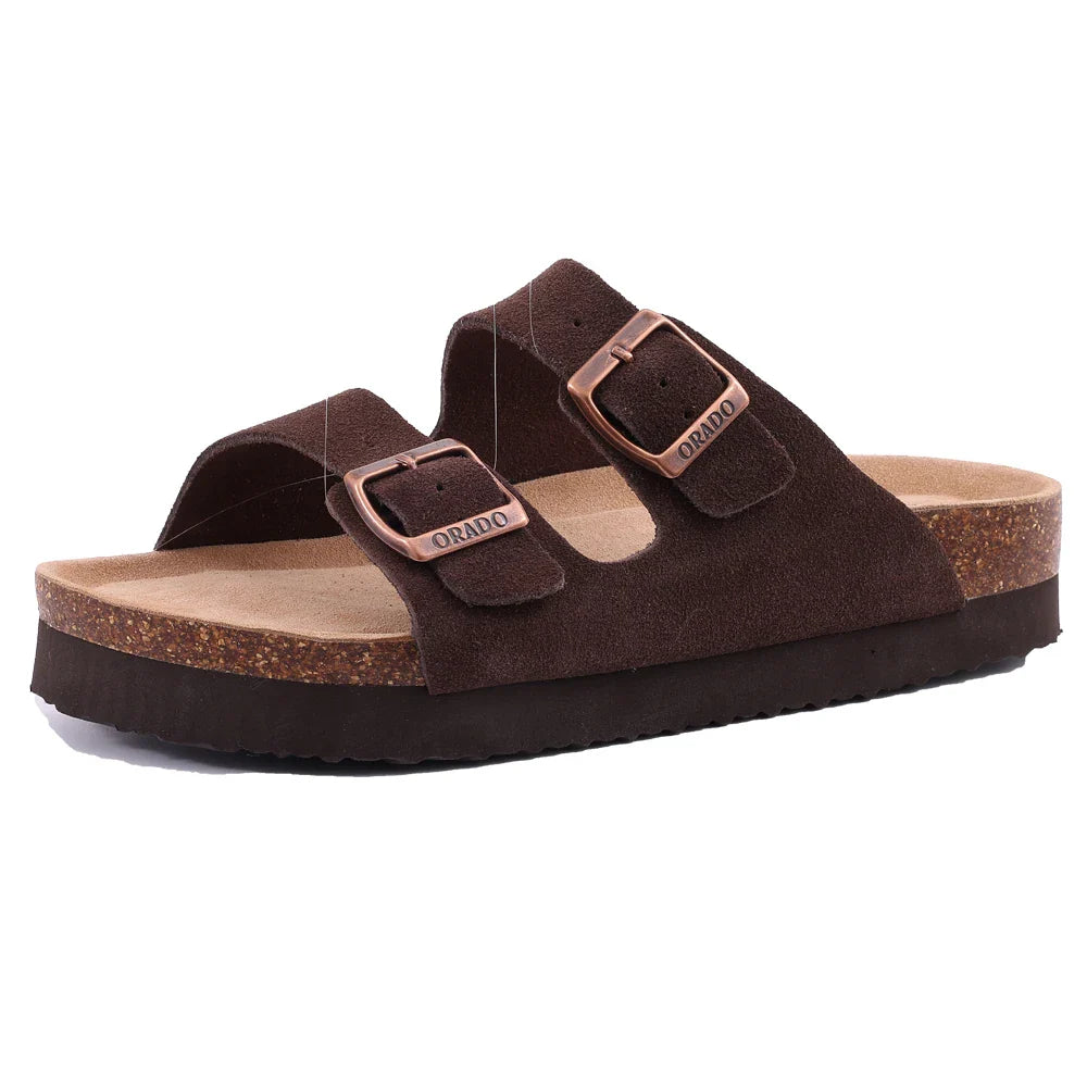 Open teen sandalen met kurk voor dames - verstelbare gesp, platte suède pantoffels