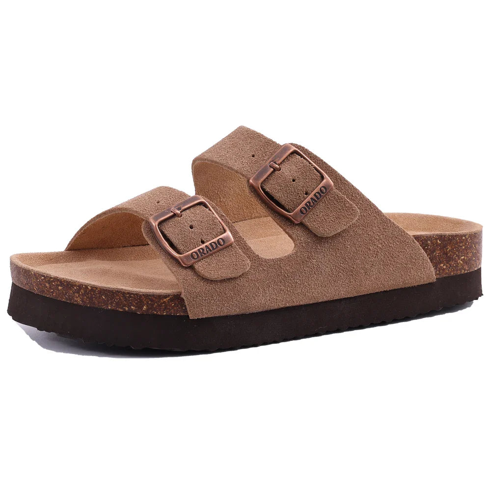 Open teen sandalen met kurk voor dames - verstelbare gesp, platte suède pantoffels