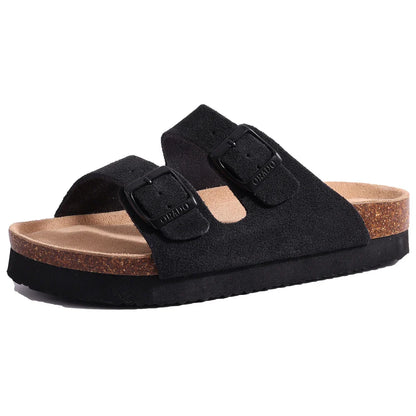 Open teen sandalen met kurk voor dames - verstelbare gesp, platte suède pantoffels