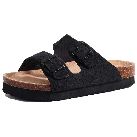 Open teen sandalen met kurk voor dames - verstelbare gesp, platte suède pantoffels